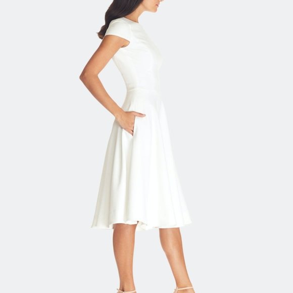 DRESS THE POPULATION FIT AND FLARE CREPE MIDI Dress, SZ .XS,IVORY, NEW - Picture 5 of 7